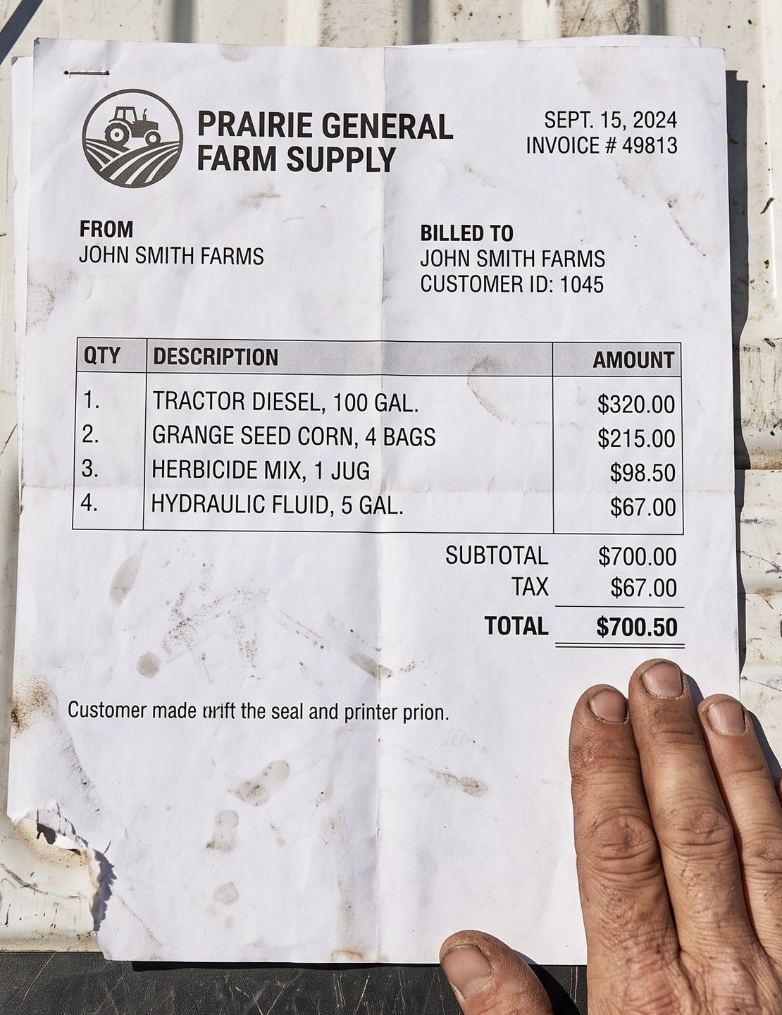 A paper farm-supply invoice lying on the mud-flecked tailgate of a pickup, held flat by a hand: Prairie General Farm Supply, invoice 49813, four line items for diesel, seed corn, herbicide and hydraulic fluid, total $700.50.